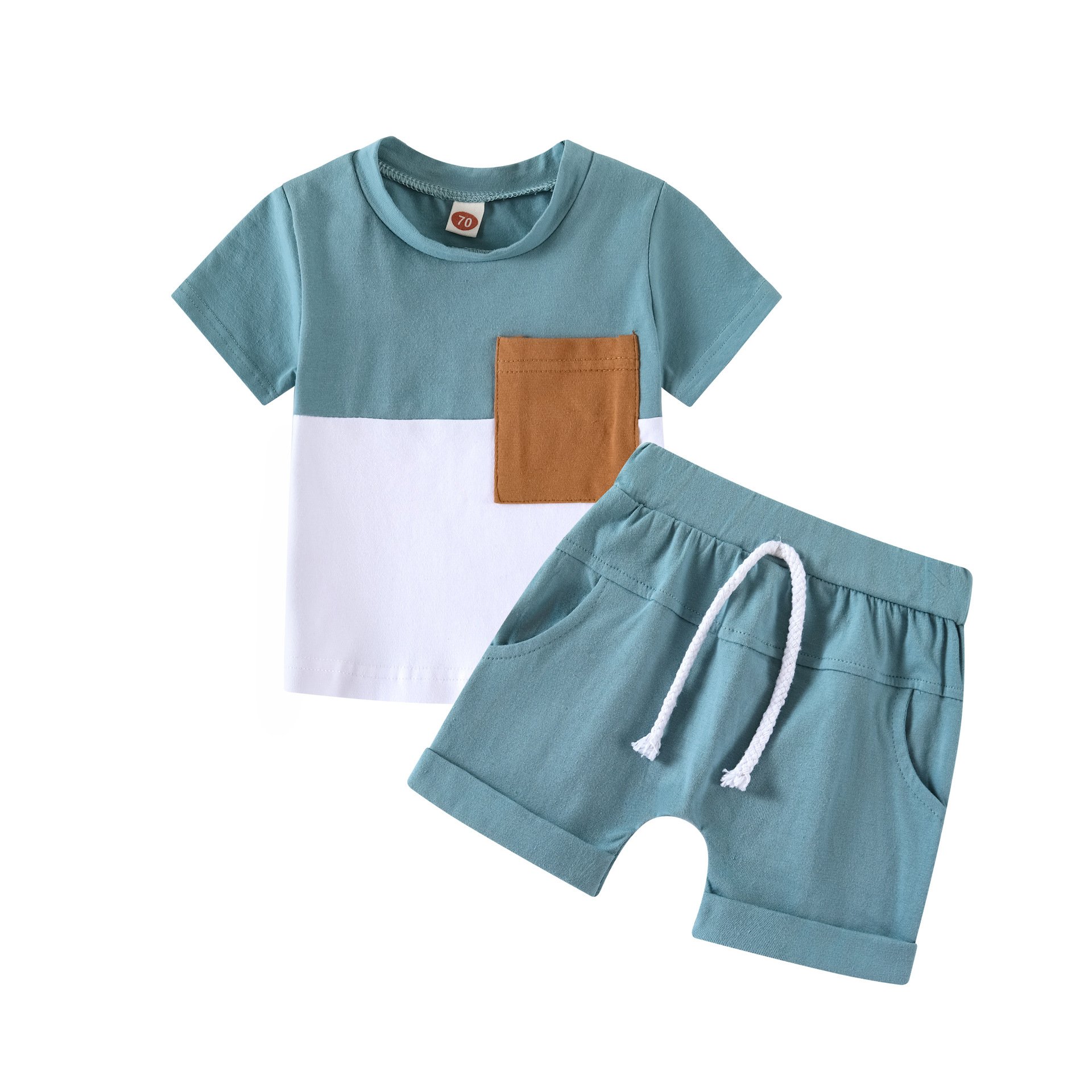 Summer Baby Patchwork Color Pocket Short Sleeve Newborn Casual Boys Clothes Sets