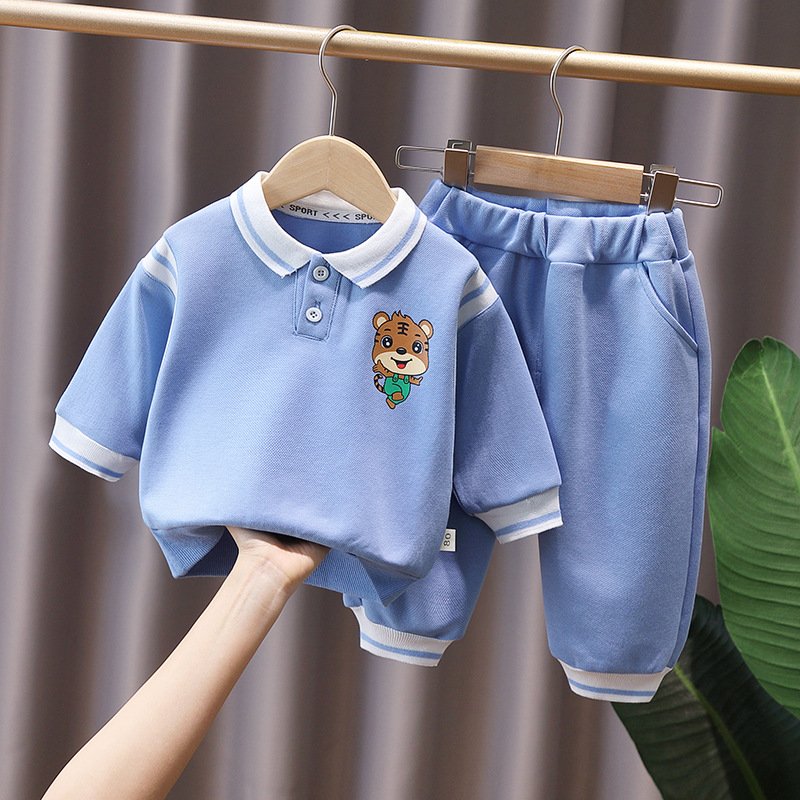 Manufacturers wholesale ultra low price autumn solid color Polo long-sleeved shirt and pants two children's clothing sets
