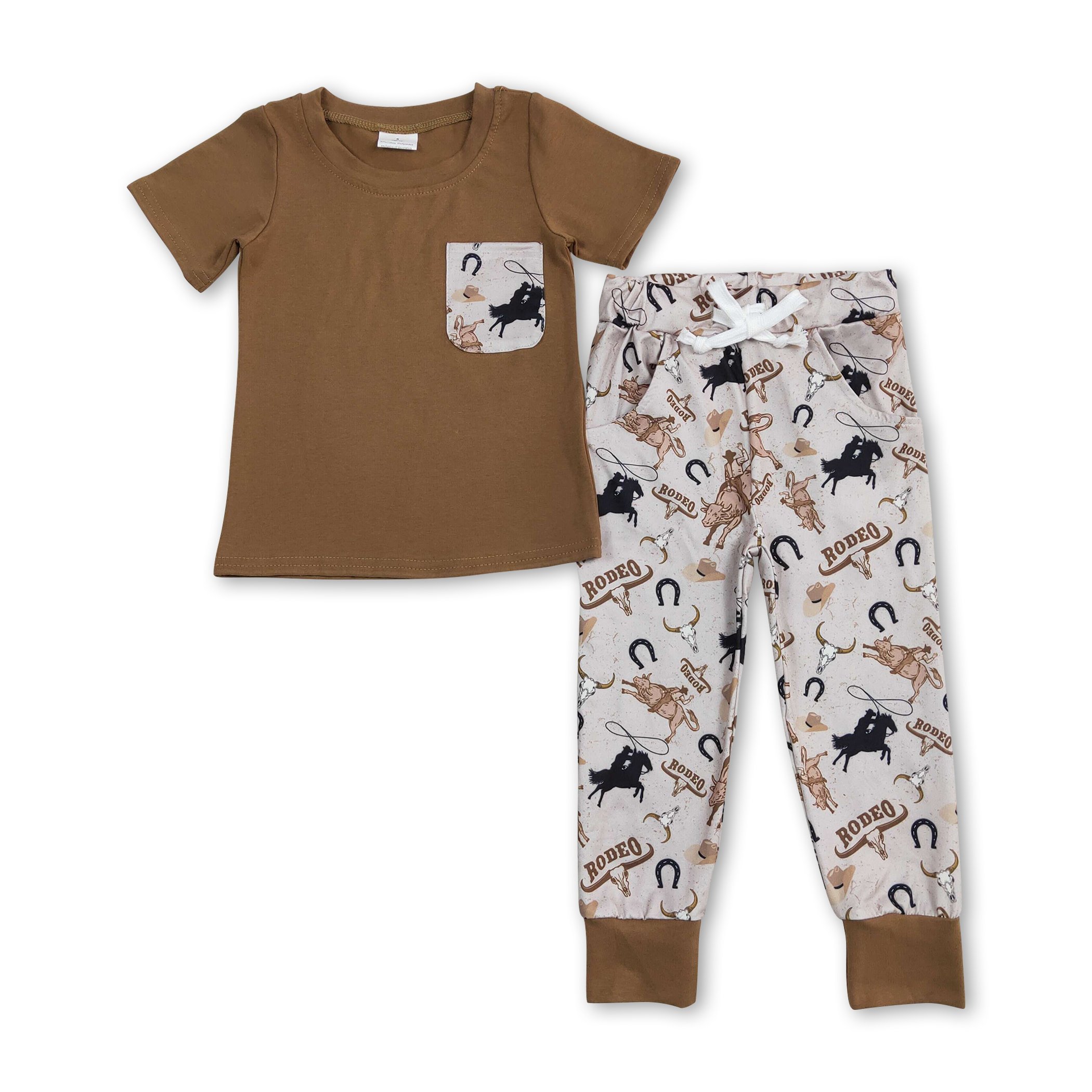 BSPO0198 Vintage clothe brown cowboy short sleeve hunting pattern pantsuit western boys set for children