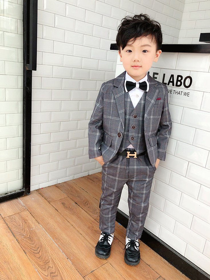 2019 spring autumn children clothing set boys plaid vest three-piece British Gentleman Cute Fashion Birthday Party Set