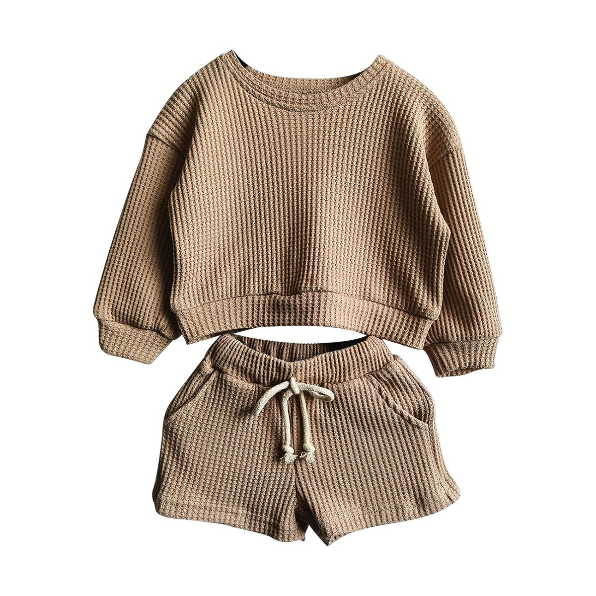 Cotton Baby Boy Girl 2 Pieces Solid Waffle O-Neck Cotton Top T-Shirt Shorts Kids Clothes Sets