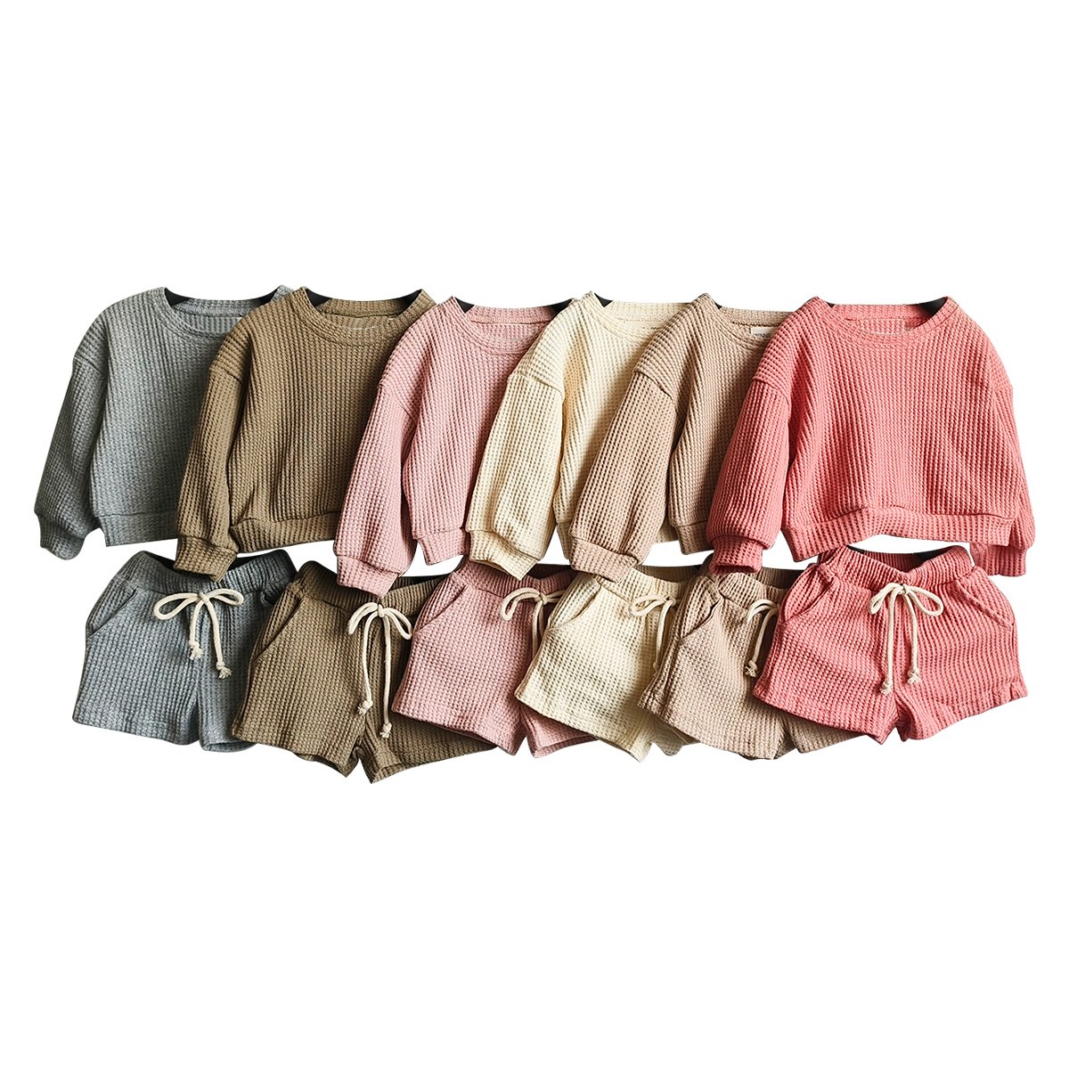 Cotton Baby Boy Girl 2 Pieces Solid Waffle O-Neck Cotton Top T-Shirt Shorts Kids Clothes Sets