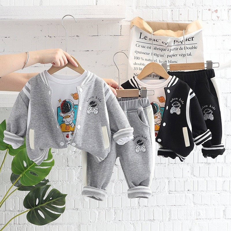 High quality autumn 3 pieces kids clothing suit baseball jacket sets cartoon printed boys clothing sets for 3 years older