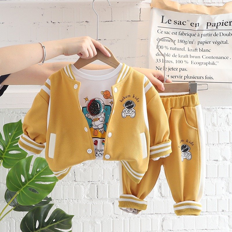 High quality autumn 3 pieces kids clothing suit baseball jacket sets cartoon printed boys clothing sets for 3 years older