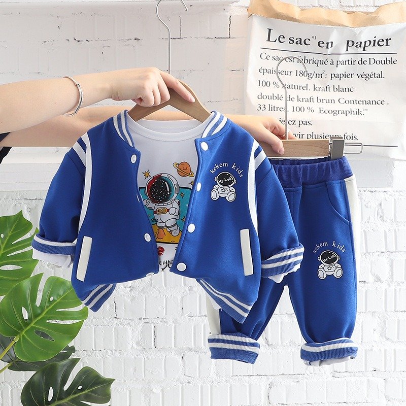High quality autumn 3 pieces kids clothing suit baseball jacket sets cartoon printed boys clothing sets for 3 years older