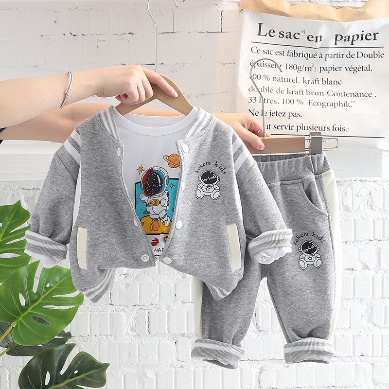 High quality autumn 3 pieces kids clothing suit baseball jacket sets cartoon printed boys clothing sets for 3 years older