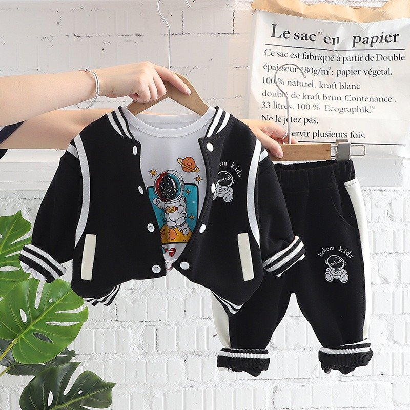 High quality autumn 3 pieces kids clothing suit baseball jacket sets cartoon printed boys clothing sets for 3 years older