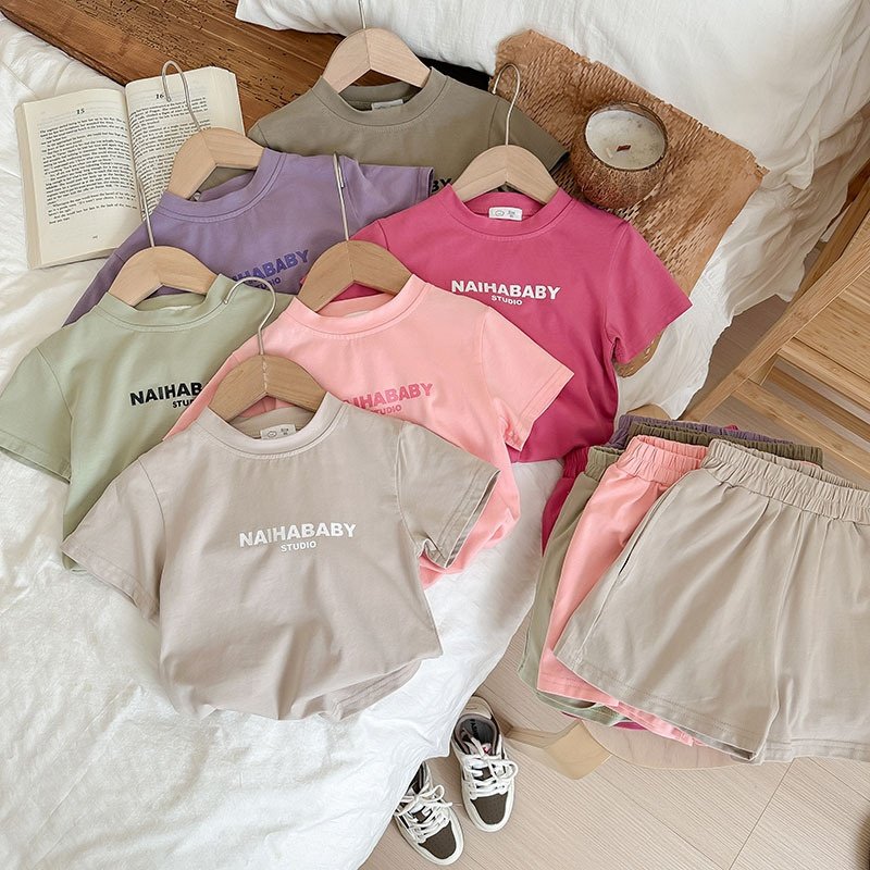 Wholesale kids workout clothes plus size knit summer running athletic joggers shorts tracksuit Boy Girl clothing set