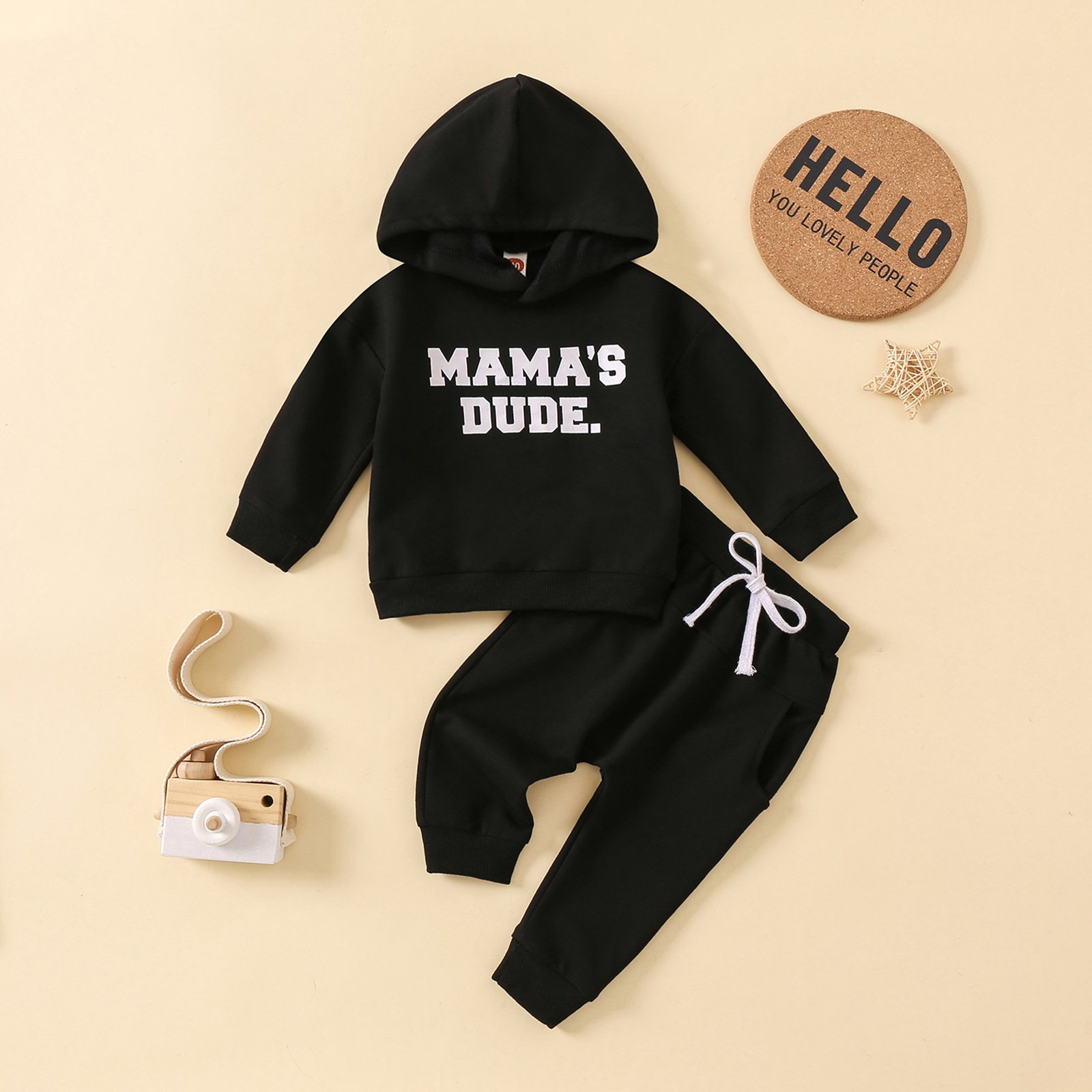 Casual Sports Suit for Boys Spring & Summer Solid Pattern Letter Printing Hooded Vest and Pants Fashion Baby Clothing