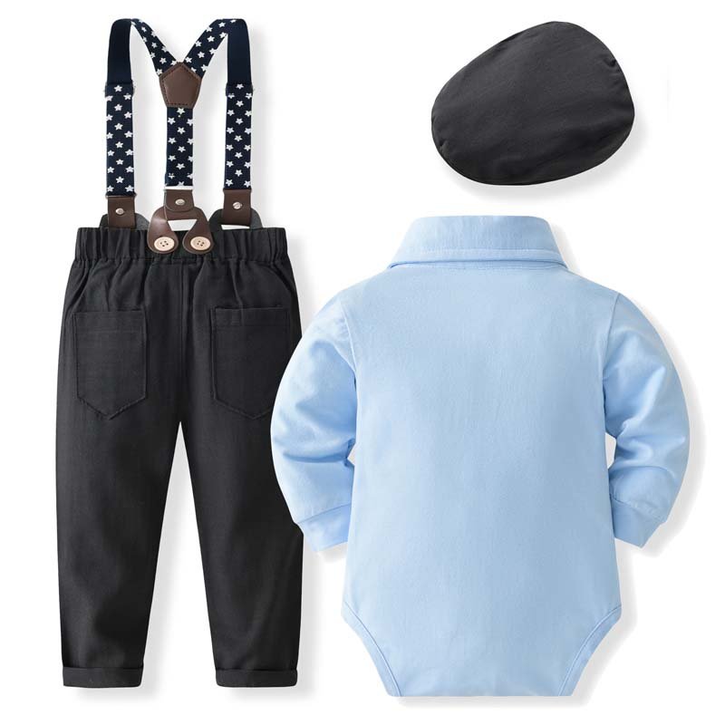Infant Baby Boy Short Long Sleeve White Christening Boy Suit with Bonnet KBLS-029