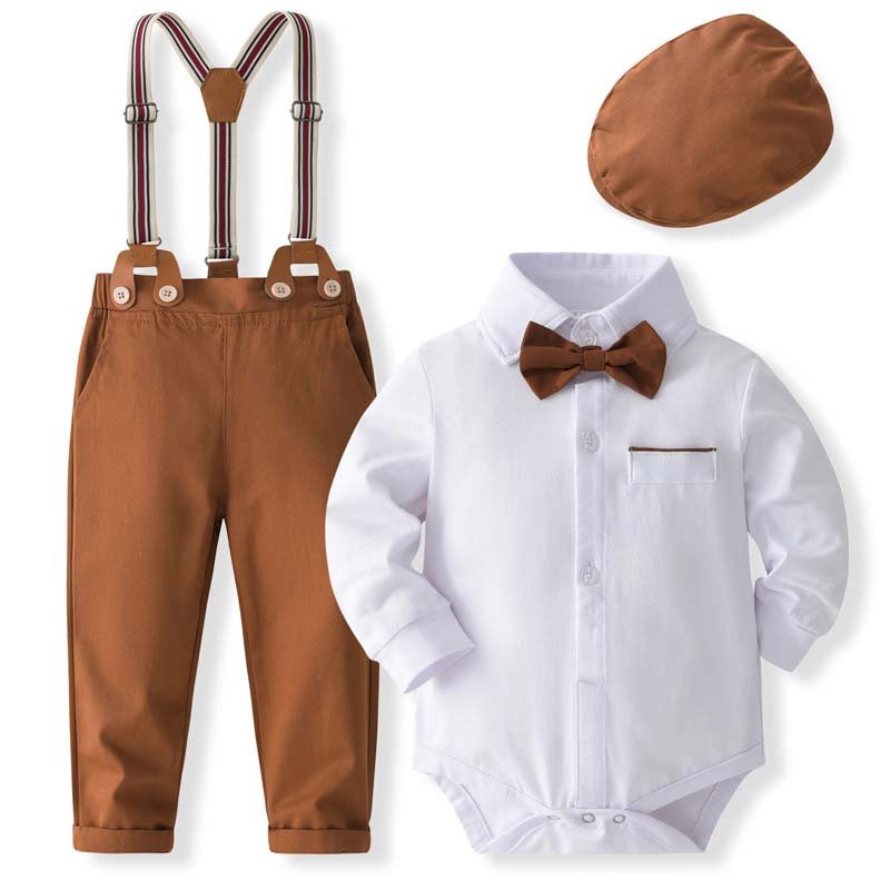 Infant Baby Boy Short Long Sleeve White Christening Boy Suit with Bonnet KBLS-029