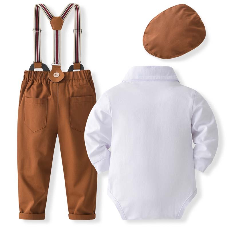 Infant Baby Boy Short Long Sleeve White Christening Boy Suit with Bonnet KBLS-029