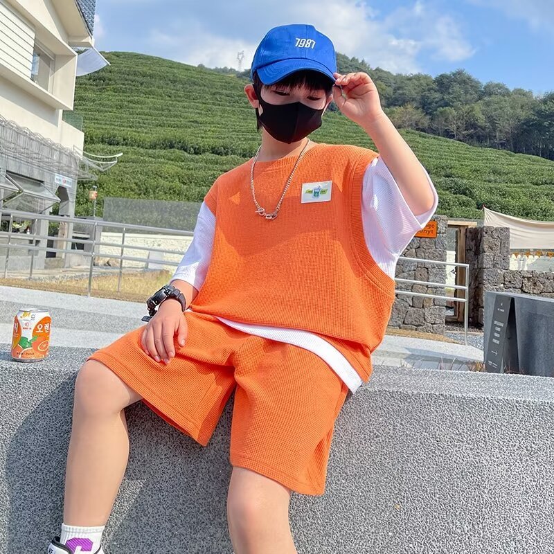 2024 New Summer Kids Clothes Casual Cotton Sportswear Set Boys Two-Piece Short Sleeved Clothing with Printed Pattern