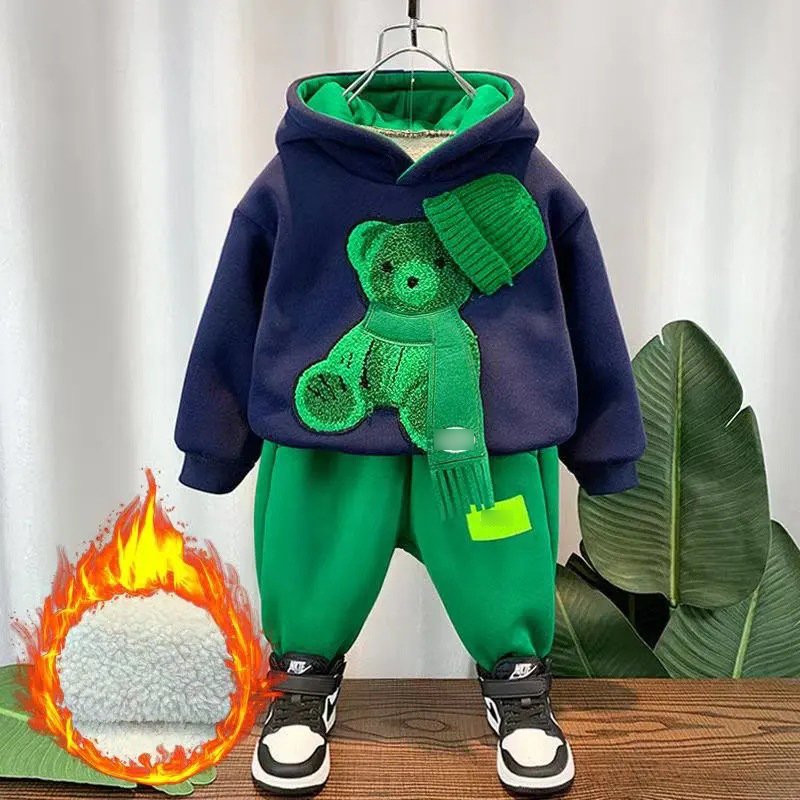 2023 Autumn Hooded Pants Sports Boys' Suit Long-sleeve Children Teenage Boy Sets Cartoon Bear Casual Boys Clothing Costume