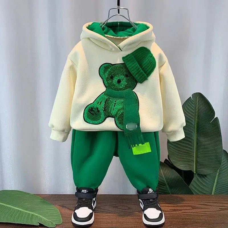 2023 Autumn Hooded Pants Sports Boys' Suit Long-sleeve Children Teenage Boy Sets Cartoon Bear Casual Boys Clothing Costume