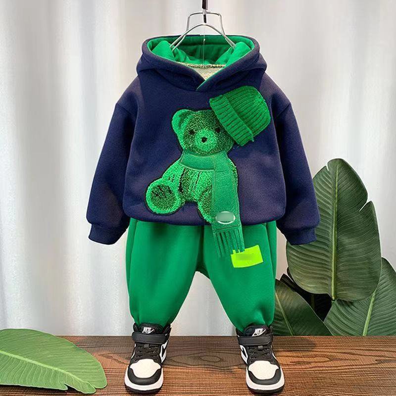 2023 Autumn Hooded Pants Sports Boys' Suit Long-sleeve Children Teenage Boy Sets Cartoon Bear Casual Boys Clothing Costume