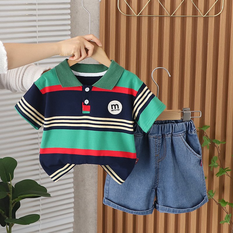 Boy Kids Fashion Design Striped Polo Shirt Denim Shorts Clothes Sets Children Summer Casual Outfit Toddler Clothing Set for Baby