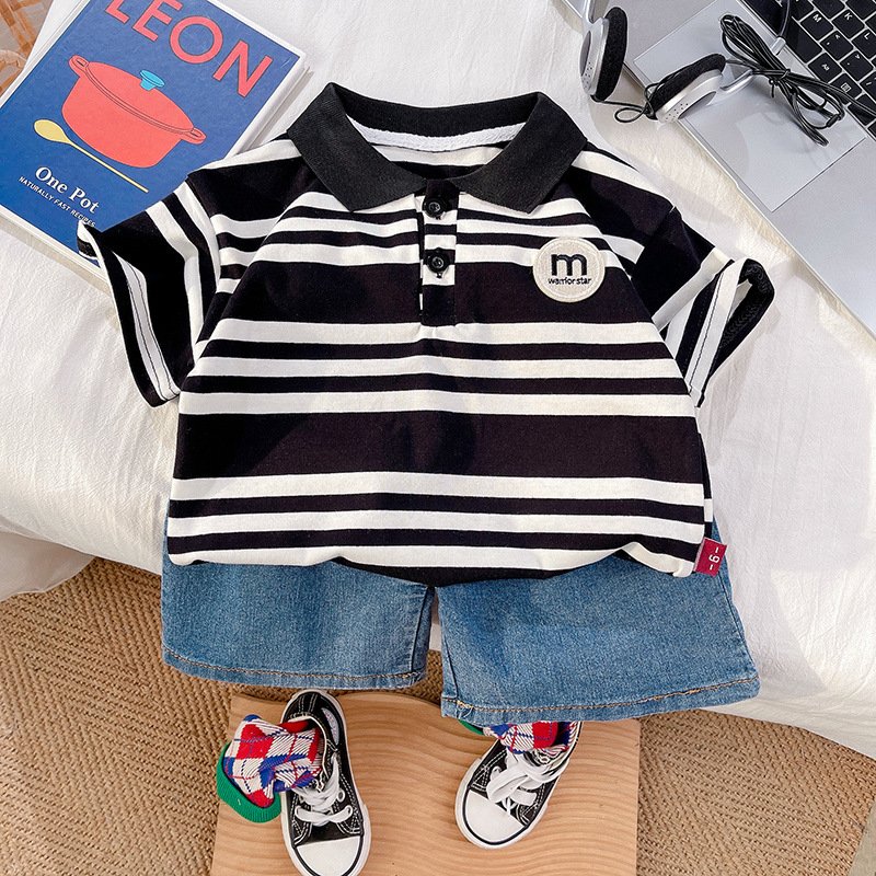 Boy Kids Fashion Design Striped Polo Shirt Denim Shorts Clothes Sets Children Summer Casual Outfit Toddler Clothing Set for Baby