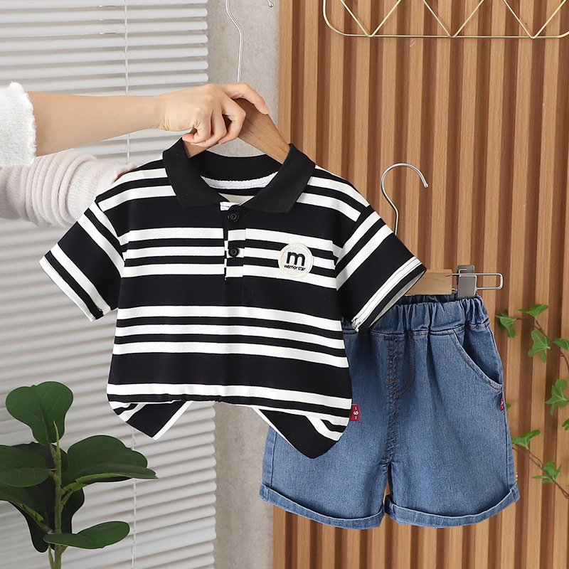 Boy Kids Fashion Design Striped Polo Shirt Denim Shorts Clothes Sets Children Summer Casual Outfit Toddler Clothing Set for Baby