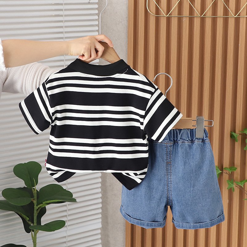 Boy Kids Fashion Design Striped Polo Shirt Denim Shorts Clothes Sets Children Summer Casual Outfit Toddler Clothing Set for Baby