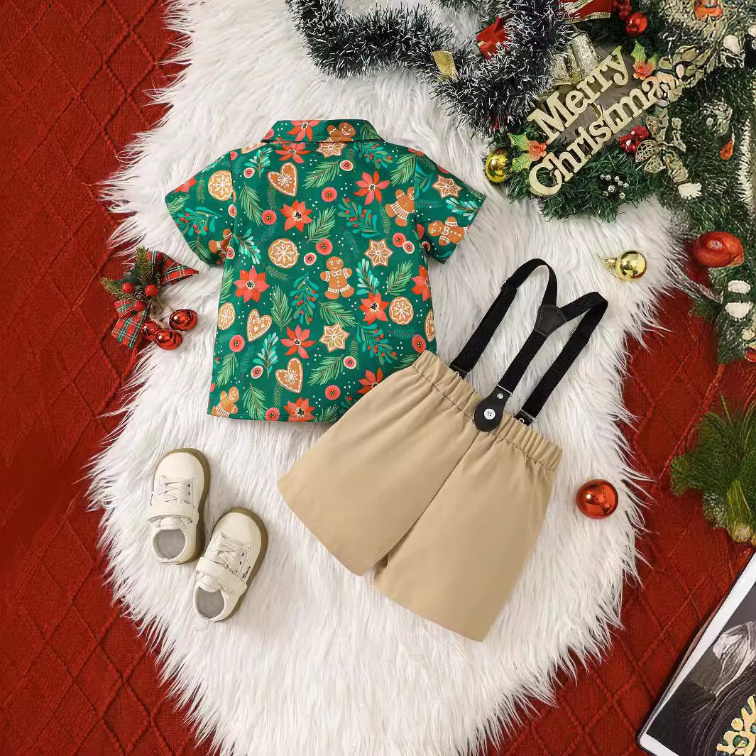 Christmas Boys Wear 2024 Summer New Boys Christmas Print Short-sleeved Shirt Strap Gentleman Suit Tie Shirt Strap Shorts Set