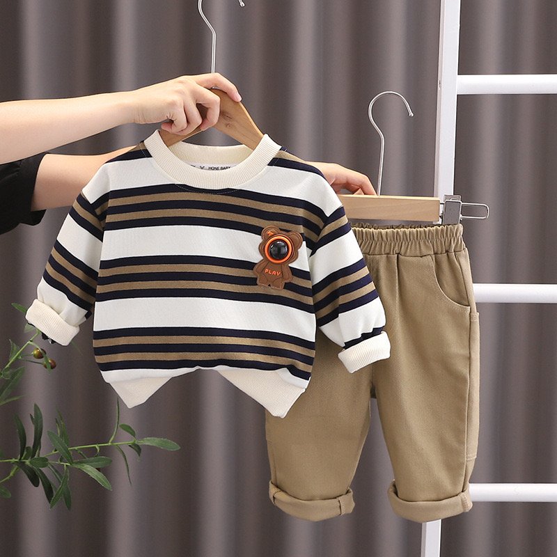 Boys Autumn Set Two Piece 2024 New Baby Striped Bear Clothing Children Spring and Autumn Set Wholesale