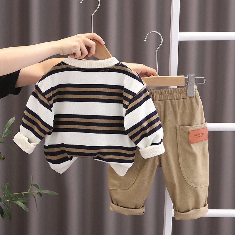 Boys Autumn Set Two Piece 2024 New Baby Striped Bear Clothing Children Spring and Autumn Set Wholesale