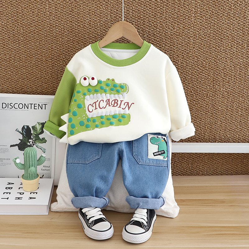Boys Clothes 2024 Spring Autumn Kids Sports Wear Full Sleeve Cartoon Animal T Shirt Denim Pants 2Pcs Children Wholesale Clothing