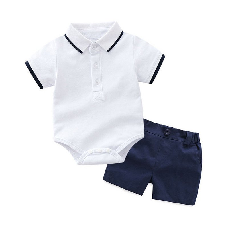 logo custom summer cotton soft baby clothes romper design clothes white polo shirt +shorts+hat baby gift set