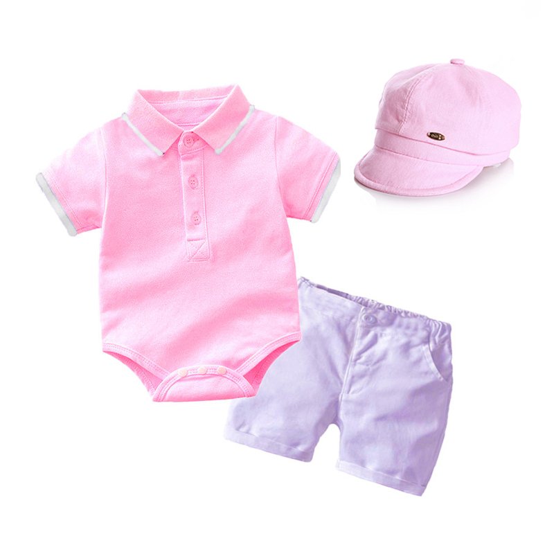 logo custom summer cotton soft baby clothes romper design clothes white polo shirt +shorts+hat baby gift set