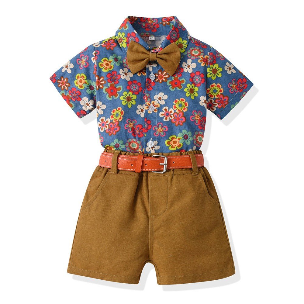 2023 New Toddler Boys Clothing Sets Floral Print Short Sleeve Shirts Tops+Shorts with Belt 2PCS Child Suit