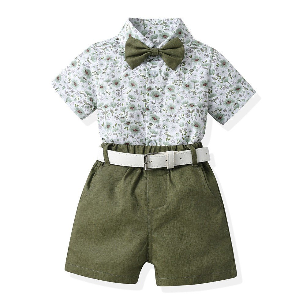 2023 New Toddler Boys Clothing Sets Floral Print Short Sleeve Shirts Tops+Shorts with Belt 2PCS Child Suit