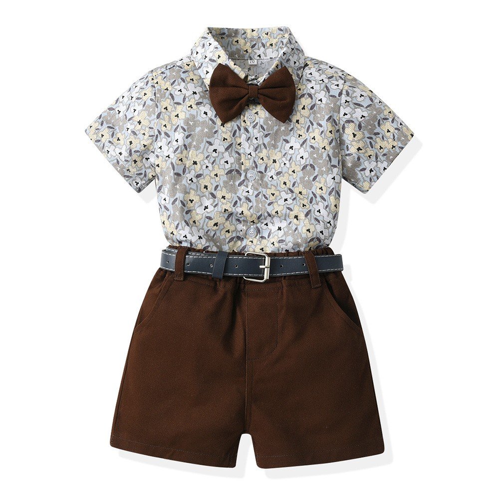 2023 New Toddler Boys Clothing Sets Floral Print Short Sleeve Shirts Tops+Shorts with Belt 2PCS Child Suit