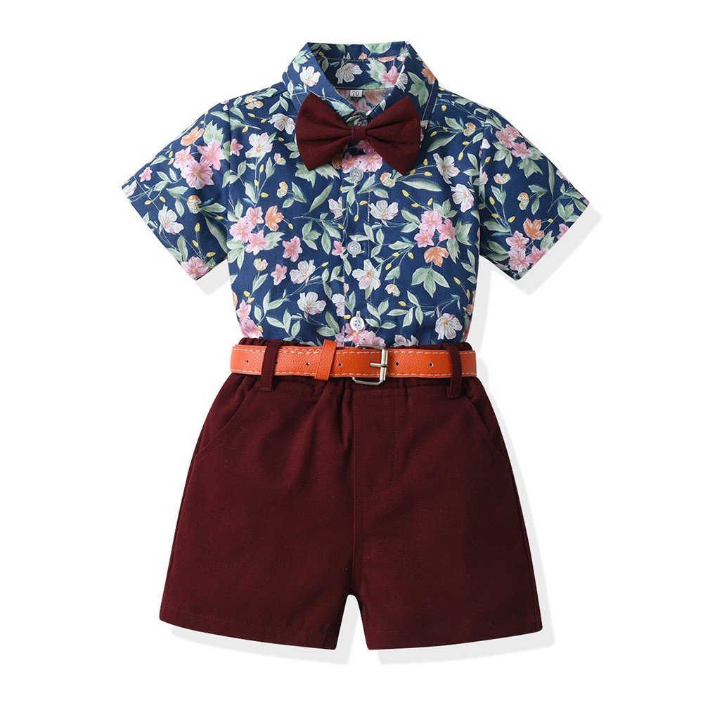 2023 New Toddler Boys Clothing Sets Floral Print Short Sleeve Shirts Tops+Shorts with Belt 2PCS Child Suit