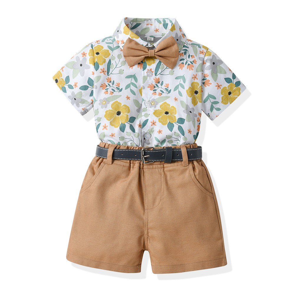 2023 New Toddler Boys Clothing Sets Floral Print Short Sleeve Shirts Tops+Shorts with Belt 2PCS Child Suit