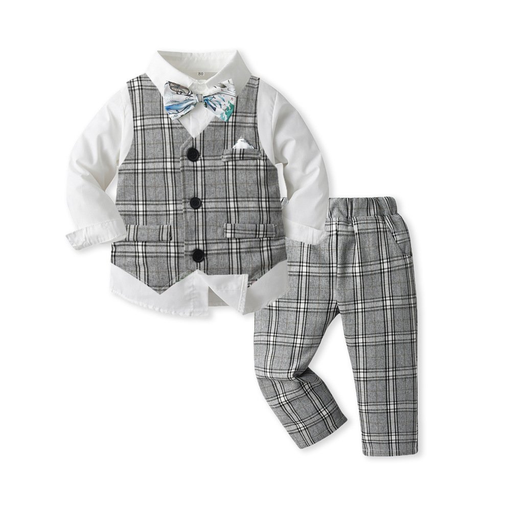 Gentlemen Boys Clothing Sets New Children Long-Sleeved Shirt Vest Pants 3Pcs Suit Baby plaid Suit Christmas