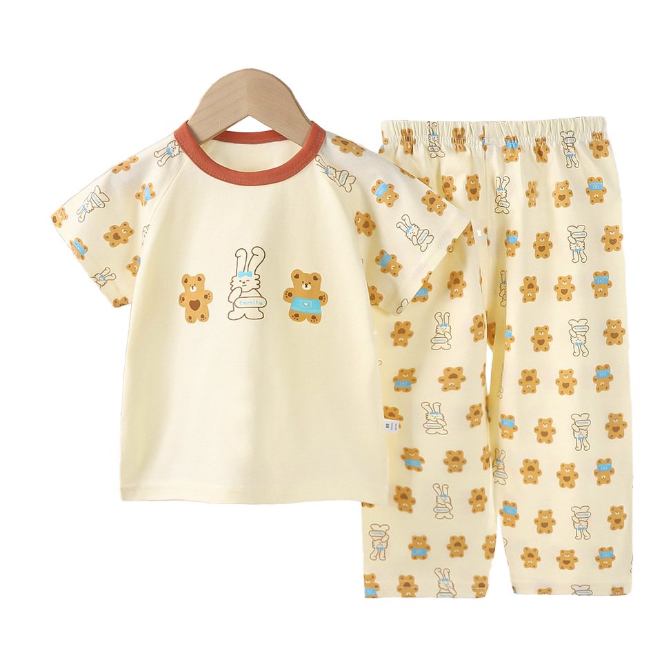 Summer Fashion Short Sleeve Long Pants Children 2 PCS Set Cute Cartoon Skin Friendly Kids Pajama Set Air-conditioned Clothing