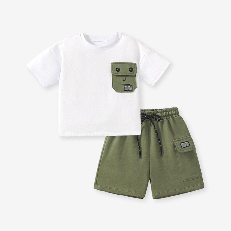 Baby Boys' Summer Sports suit Waffle children's suit whit Pockets girls' T shirt Short pants short sleeve suit clothing sets