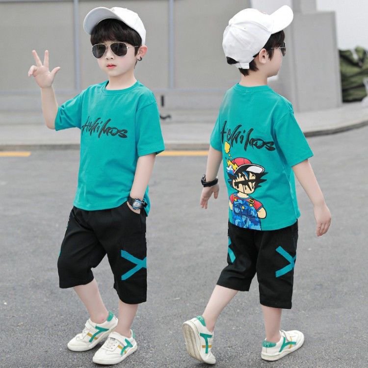 2024 New Summer Boys' Clothing Sets for 6-15 Years Old Fashionable Casual Prints 2-Piece Suit Short Sleeves Big Kids' Fashion