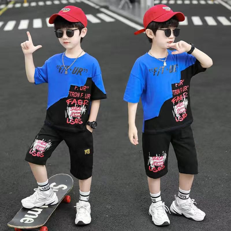 2024 New Summer Boys' Clothing Sets for 6-15 Years Old Fashionable Casual Prints 2-Piece Suit Short Sleeves Big Kids' Fashion