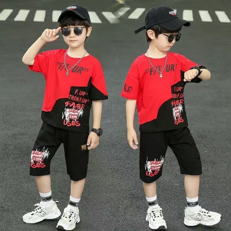2024 New Summer Boys' Clothing Sets for 6-15 Years Old Fashionable Casual Prints 2-Piece Suit Short Sleeves Big Kids' Fashion