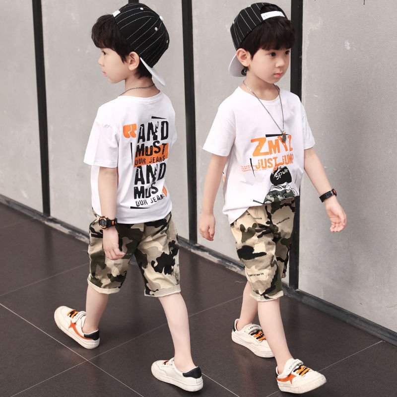 2024 New Summer Boys' Clothing Sets for 6-15 Years Old Fashionable Casual Prints 2-Piece Suit Short Sleeves Big Kids' Fashion
