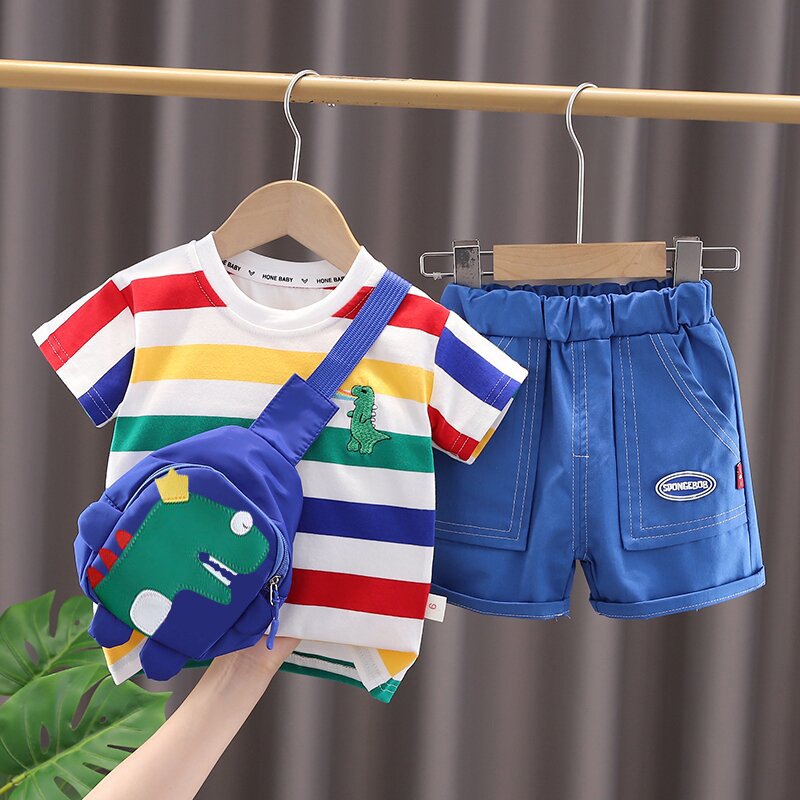 Boys Summer New Casual Style Baby Suit Foreign-Style Striped Dinosaur Bag with Short Sleeve Two-Piece Tide Explosions