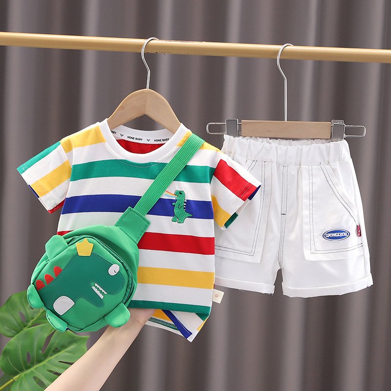 Boys Summer New Casual Style Baby Suit Foreign-Style Striped Dinosaur Bag with Short Sleeve Two-Piece Tide Explosions