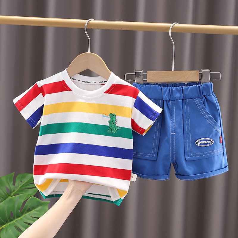 Boys Summer New Casual Style Baby Suit Foreign-Style Striped Dinosaur Bag with Short Sleeve Two-Piece Tide Explosions