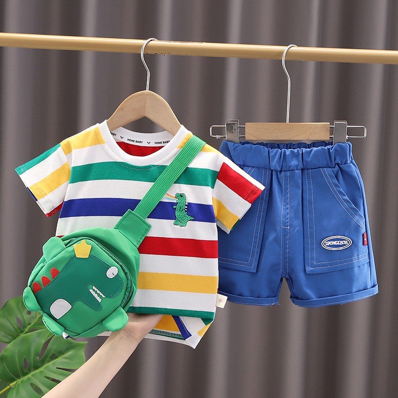 Boys Summer New Casual Style Baby Suit Foreign-Style Striped Dinosaur Bag with Short Sleeve Two-Piece Tide Explosions