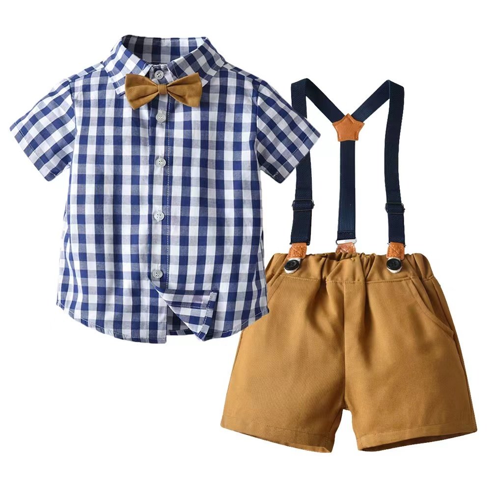 Wholesale 2-piece Boys Gentleman Set Short Sleeve Lapel Shirt with Bow Tie+Suspender Shorts Fashionable Stylish Summer Clothing