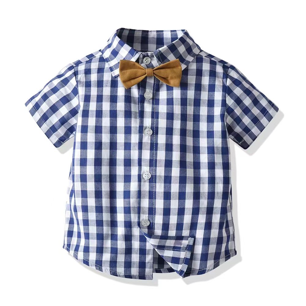 Wholesale 2-piece Boys Gentleman Set Short Sleeve Lapel Shirt with Bow Tie+Suspender Shorts Fashionable Stylish Summer Clothing