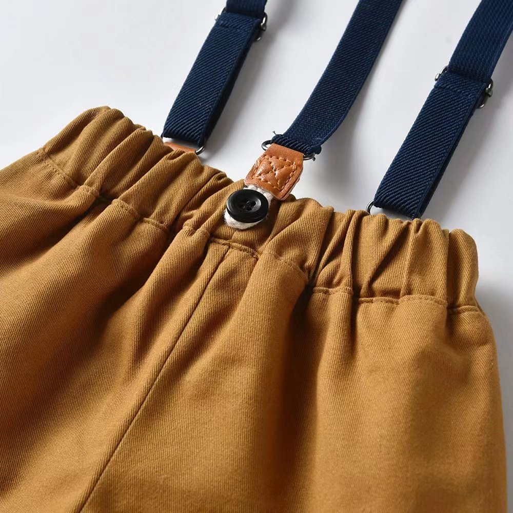 Wholesale 2-piece Boys Gentleman Set Short Sleeve Lapel Shirt with Bow Tie+Suspender Shorts Fashionable Stylish Summer Clothing