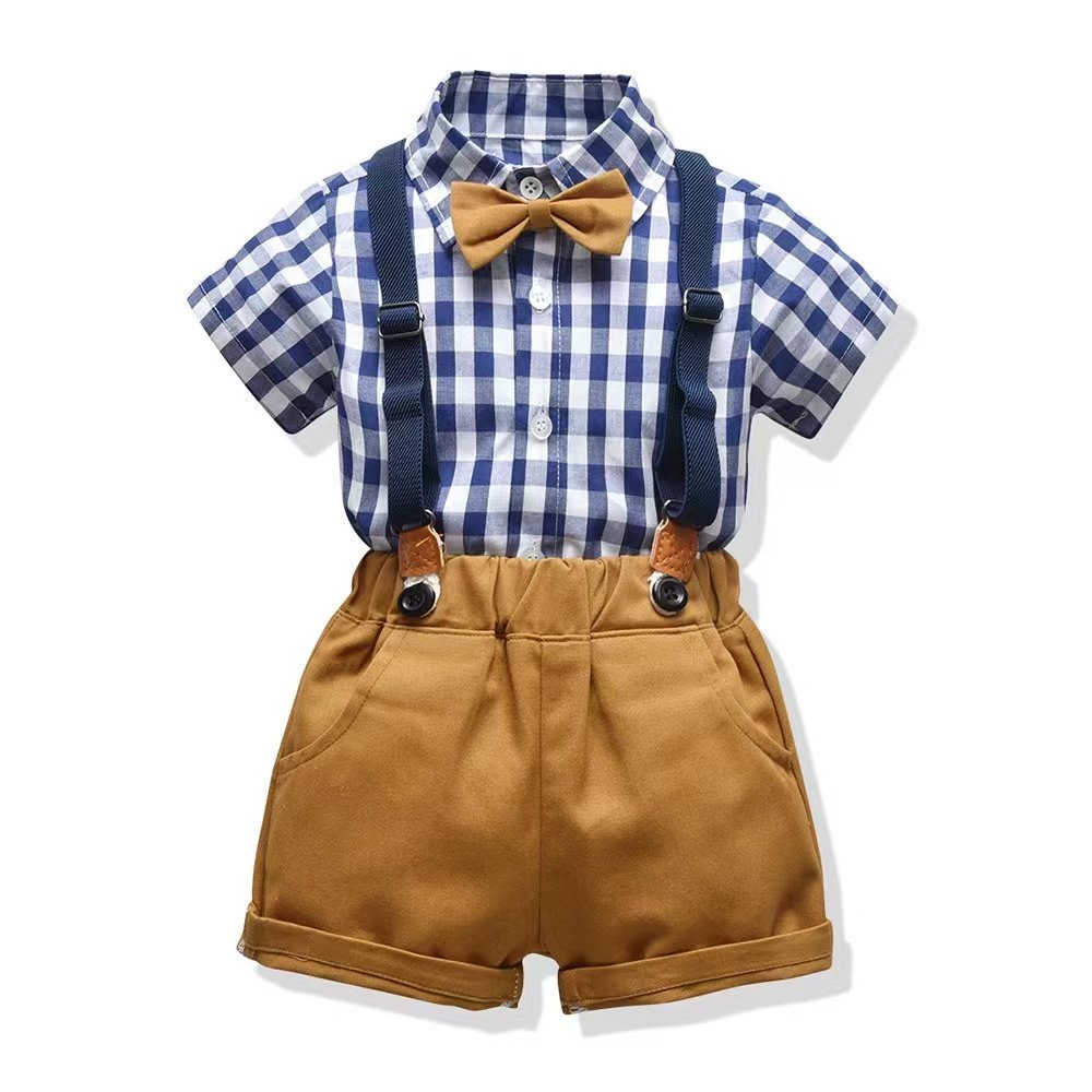 Wholesale 2-piece Boys Gentleman Set Short Sleeve Lapel Shirt with Bow Tie+Suspender Shorts Fashionable Stylish Summer Clothing